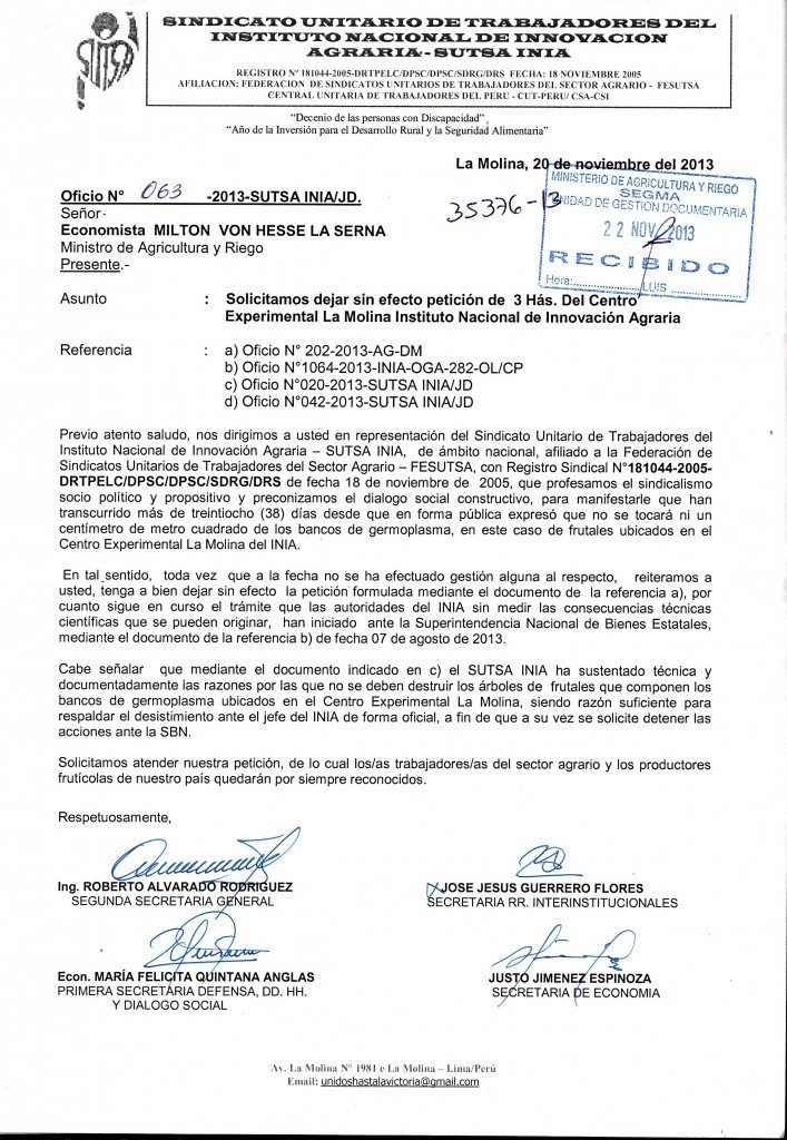 OFICIO SUTSA INIA PARA MINISTRO MINAGRI DESISTIMIENTO DE 3 HAS.