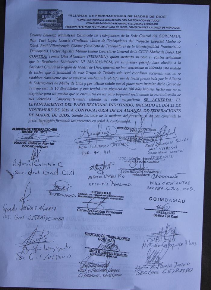 Acta de gremios que levantan el paro