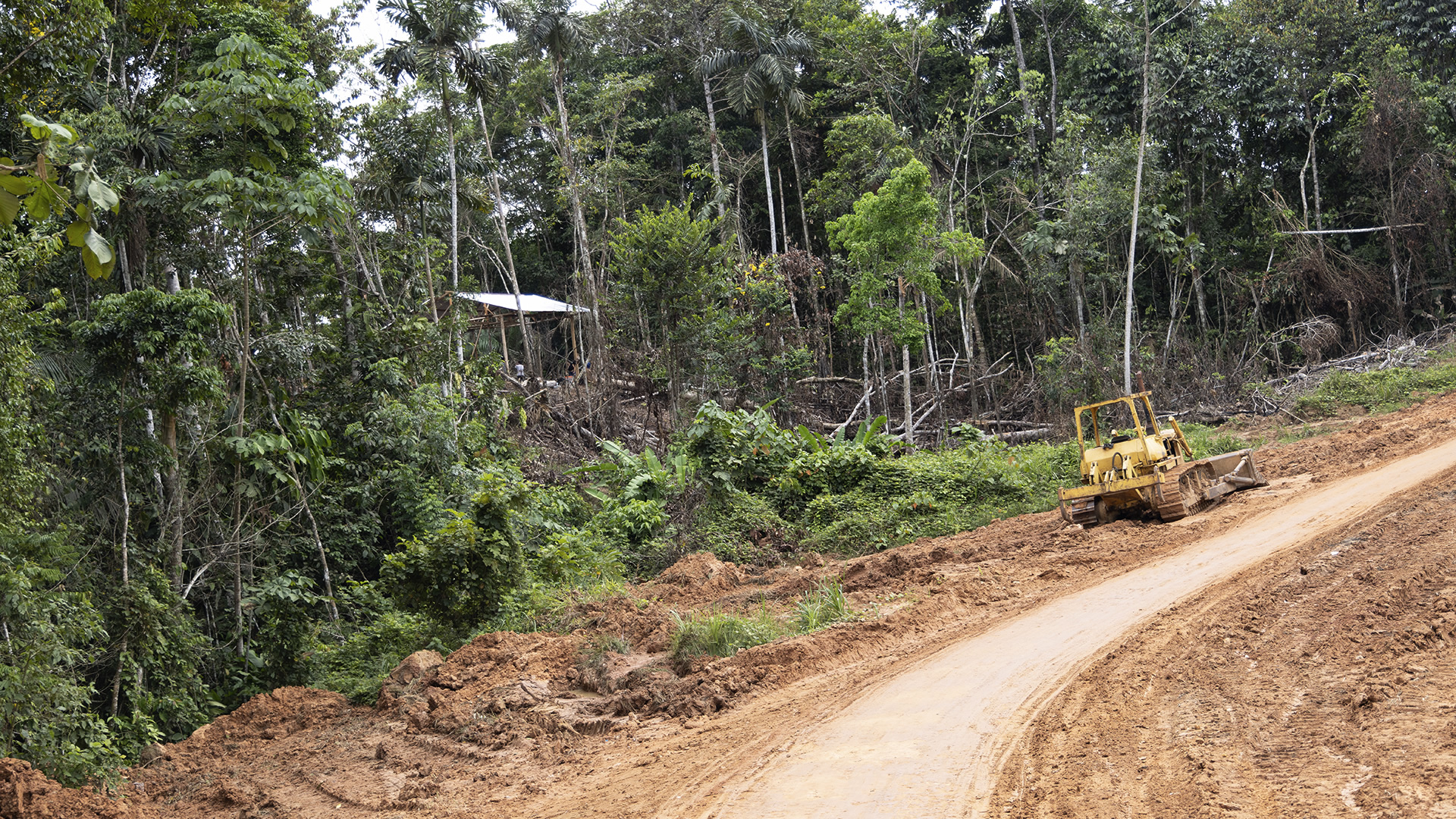Trabajos de ampliación en el trayecto de la vía Joaquín Abensur, que partiendo de Iquitos, pasa muy cerca del territorio de la comunidad nativa Centro Arenal, en Loreto. (Foto: Vico Méndez)