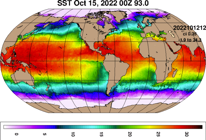 Animación que muestra la temperatura del mar en el planeta entre octubre y noviembre del año 2022. La zona celeste, verde y amarilla en el Pacífico, frente a Sudamérica, es la corriente del Perú (Humboldt) fluyendo intensamente, penetrando en la zona ecuatorial del Pacífico central.