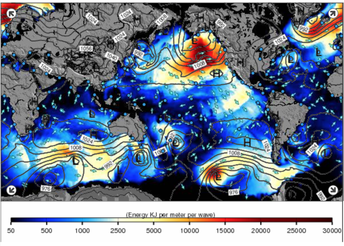 Mapa interactivo de condiciones oceánicas mostrando oleaje y dirección del viento en el Pacífico