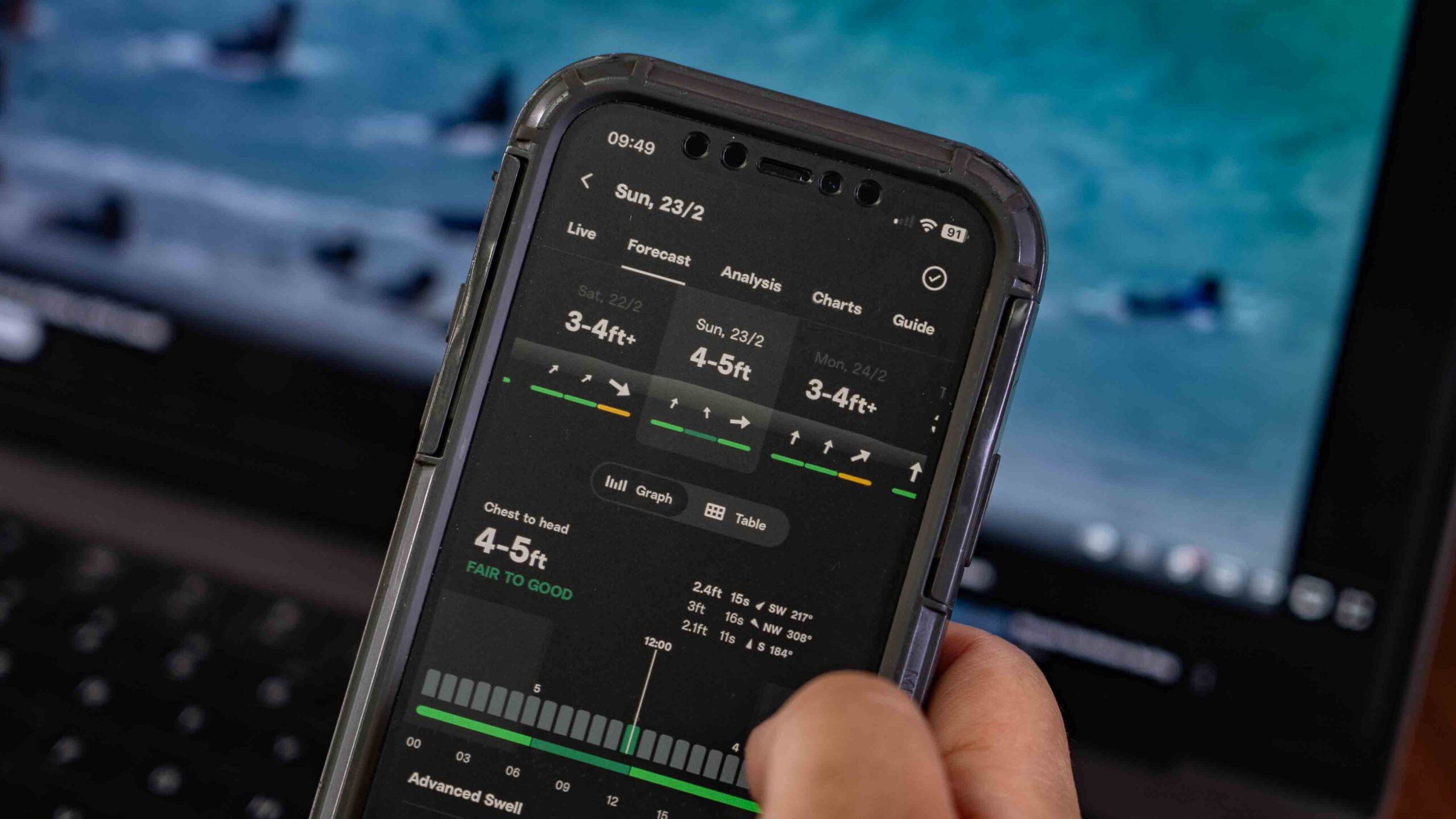 Interfaz de la aplicación Surfline mostrando pronósticos de oleaje en tiempo real